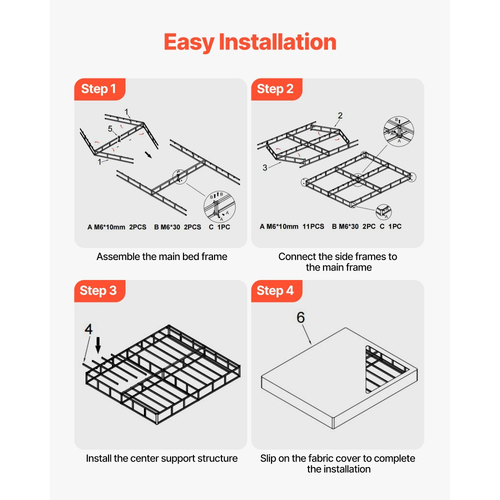 VEVOR Κουτί με ελατήρια, Πλαίσιο κρεβατιού Queen Size με πλενόμενο ύφασμα, Μεταλλικό πλαίσιο βαρέως τύπου για κρεβάτι Queen Size, Βάση στρώματος 130 mm, Μέγιστη χωρητικότητα βάρους 1587,57 kg, Εύκολη συναρμολόγηση, 2010 x 1515 x 130 mm