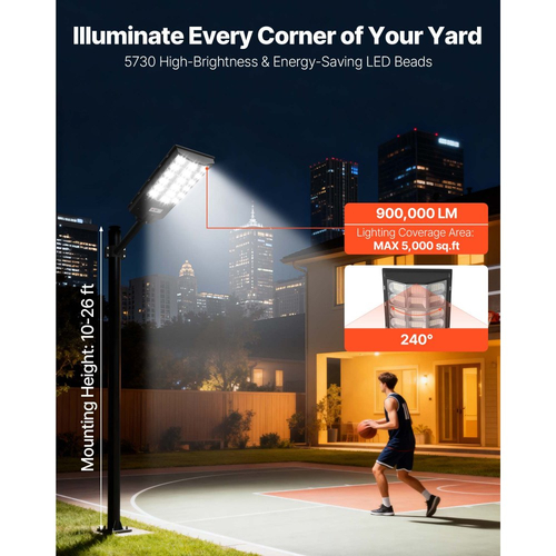 VEVOR 12000W Ηλιακός Φωτιστικός Δρόμου Εξωτερικού Χώρου, 900000LM, Φωτιστικό Επαγγελματικού Χώρου Στάθμευσης από το Σούρουπο έως την Αυγή, Λάμπα Ασφαλείας LED Πλημμύρας με Αισθητήρα Κίνησης, Αδιάβροχος Ευρυγώνιος Φωτισμός Εξωτερικού Χώρου IP65, για Αυλή Driveway
