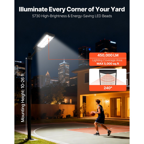 VEVOR 8000W Ηλιακό Φως Δρόμου Εξωτερικού Χώρου, 450000LM, Φως Εμπορικού Χώρου Στάθμευσης από το Σούρουπο έως την Αυγή, Λάμπα LED Πλημμύρας με Αισθητήρα Κίνησης, Αδιάβροχος Εξωτερικός Φωτισμός IP65, για Αυλή, 1 Συσκευασία