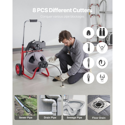 Μηχανή καθαρισμού αποχέτευσης VEVOR 22m x 9,5mm, Αυτόματη τροφοδοσία αποχετευτικού κοχλία τύπου φιδιού σε τροχούς, Φορητή μηχανή καθαρισμού αποχέτευσης με 8 κοπτικά & διακόπτη ποδιού με ενεργοποίηση αέρα για σωλήνες 50mm έως 100mm