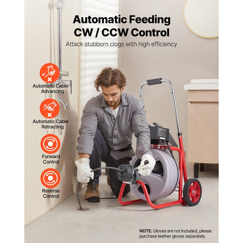 Μηχανή καθαρισμού αποχέτευσης VEVOR 30m x 9,5mm, Αυτόματη τροφοδοσία αποχετευτικού κοχλία τύπου φιδιού σε τροχούς, Φορητή μηχανή καθαρισμού αποχέτευσης με 8 κοπτικά & διακόπτη ποδιού με ενεργοποίηση αέρα για σωλήνες 50mm έως 100mm