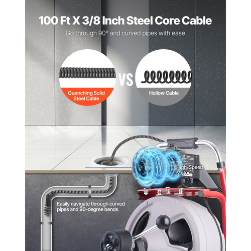 Μηχανή καθαρισμού αποχέτευσης VEVOR 30m x 9,5mm, Αυτόματη τροφοδοσία αποχετευτικού κοχλία τύπου φιδιού σε τροχούς, Φορητή μηχανή καθαρισμού αποχέτευσης με 8 κοπτικά & διακόπτη ποδιού με ενεργοποίηση αέρα για σωλήνες 50mm έως 100mm