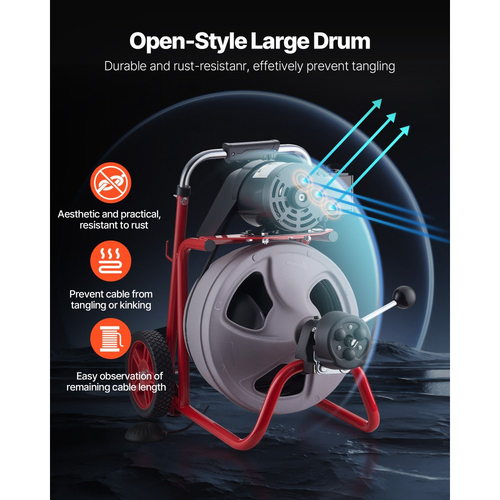 Μηχανή καθαρισμού αποχέτευσης VEVOR 30m x 9,5mm, Αυτόματη τροφοδοσία αποχετευτικού κοχλία τύπου φιδιού σε τροχούς, Φορητή μηχανή καθαρισμού αποχέτευσης με 8 κοπτικά & διακόπτη ποδιού με ενεργοποίηση αέρα για σωλήνες 50mm έως 100mm