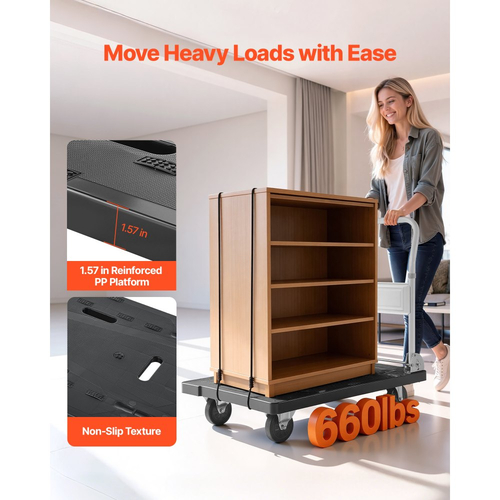 Πτυσσόμενο καρότσι μεταφοράς VEVOR, χωρητικότητας 299,37 kg, πτυσσόμενο καρότσι πλατφόρμας με περιστρεφόμενους τροχούς, καρότσι με κινούμενη πλατφόρμα και επίπεδη καρότσα, λαβή ώθησης εξοικονόμησης χώρου, για εύκολη αποθήκευση, 895 x 595 x 850 mm