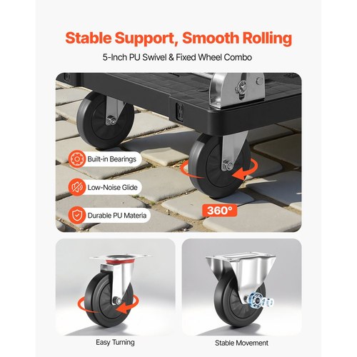 Πτυσσόμενο καρότσι μεταφοράς VEVOR, χωρητικότητας 299,37 kg, πτυσσόμενο καρότσι πλατφόρμας με περιστρεφόμενους τροχούς, καρότσι με κινούμενη πλατφόρμα και επίπεδη καρότσα, λαβή ώθησης εξοικονόμησης χώρου, για εύκολη αποθήκευση, 895 x 595 x 850 mm