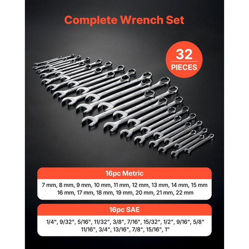 Σετ κλειδιών VEVOR, 32 τεμαχίων SAE και μετρικά, κλειδιά 12 σημείων με άκρο σε κουτί και ανοιχτό άκρο υπό γωνία 15° με θήκη τύλιξης, από ανθρακούχο χάλυβα, για γενικές επισκευές σπιτιού και αυτοκινήτων