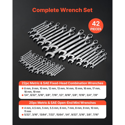 Σετ κλειδιών VEVOR, 42 τεμαχίων SAE και μετρικά, κλειδιά 12 άκρων με άκρο σε κουτί και ανοιχτό άκρο υπό γωνία 15° με θήκη τύλιξης, από ανθρακούχο χάλυβα, για γενικές επισκευές σπιτιού και αυτοκινήτων