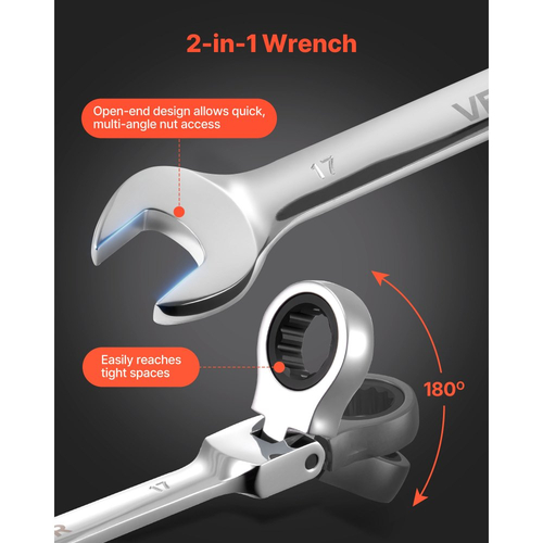 Σετ κλειδιών καστάνιας VEVOR με εύκαμπτη κεφαλή, 24 τεμαχίων SAE και μετρικό, 72 δόντια, σετ κλειδιών συνδυασμού με καστάνια από χάλυβα Cr-V με θήκη αποθήκευσης, για γενικές επισκευές σπιτιού και αυτοκινήτων, ασημί