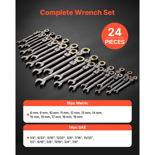Σετ κλειδιών καστάνιας VEVOR Flex-Head, 24 τεμαχίων SAE και μετρικό, 72 δόντια, σετ κλειδιών συνδυασμού με καστάνια από χάλυβα Cr-V με θήκη αποθήκευσης, για γενική οικιακή χρήση, επισκευές αυτοκινήτων, γκρι νίκελ