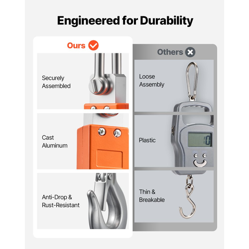 Ψηφιακή ζυγαριά γερανού VEVOR, μέγιστη χωρητικότητα 1100 lbs/500 kg, βαρέως τύπου βιομηχανική κρεμαστή ζυγαριά με θήκη από χυτό αλουμίνιο και οθόνη LCD, διαίρεση 100 g και διακόπτη 3 μονάδων, ρύθμιση αυτόματης απενεργοποίησης για γκαράζ