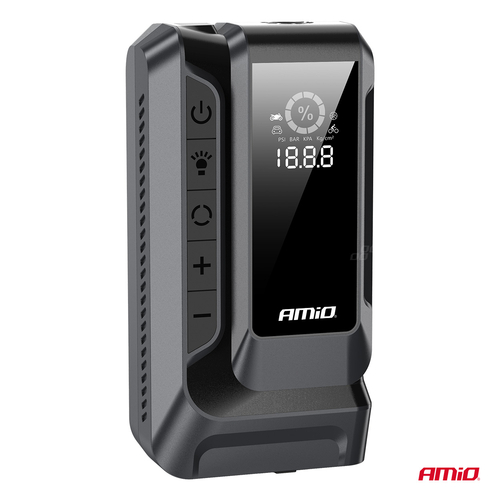 Amio - Φορητός Εκκινητής Μπαταρίας (Jump Starter) 4 σε 1 με ενσωματωμένο Κομπρεσέρ Αέρα, Powerbank και Φακό LED τάση λειτουργίας 12V με χωρητικότητα 12Ah και μέγιστο ρεύμα εκκίνησης 1600A για Επιβατικά Αυτοκίνητα - 1 τεμ. (04677/AM)