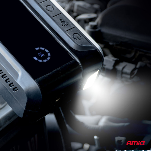 Amio - Φορητός Εκκινητής Μπαταρίας (Jump Starter) 4 σε 1 με ενσωματωμένο Κομπρεσέρ Αέρα, Powerbank και Φακό LED τάση λειτουργίας 12V με χωρητικότητα 12Ah και μέγιστο ρεύμα εκκίνησης 1600A για Επιβατικά Αυτοκίνητα - 1 τεμ. (04677/AM)