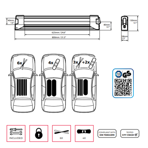 Menabo - Βάση Σκι Οροφής Αλουμινίου Yelo Black με Κλειδί για 6 Ζευγάρια Σκι ή 4 Snowboard για Ασφαλή Μεταφορά Φορτίου - 1 Σετ (14200/MB)