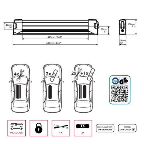 Menabo - Βάση Σκι Οροφής Αλουμινίου Yelo 4 NS Black με Κλειδί για 4 Ζευγάρια Σκι ή 2 Snowboard για Ασφαλή Μεταφορά Φορτίου - 1 Σετ (14590/MB)