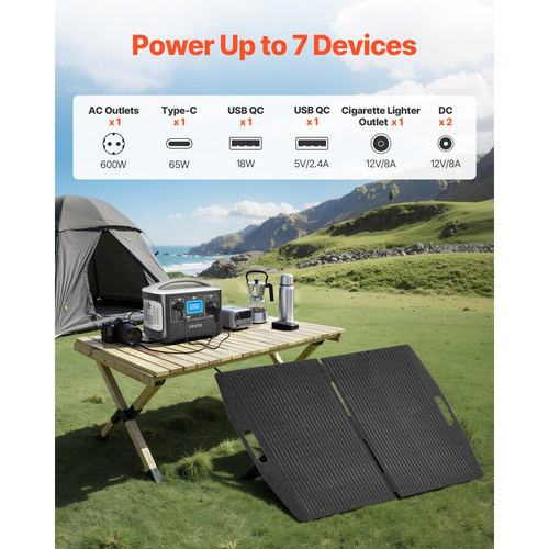 Φορητός σταθμός παραγωγής ενέργειας VEVOR με ηλιακό πάνελ 100W, σταθμός παραγωγής ενέργειας με ηλιακή γεννήτρια 600W, εφεδρική μπαταρία LiFePO4 493Wh με 7 θύρες εξόδου για οικιακή έκτακτη ανάγκη, κάμπινγκ σε εξωτερικούς χώρους, ταξίδια με τροχόσπιτο