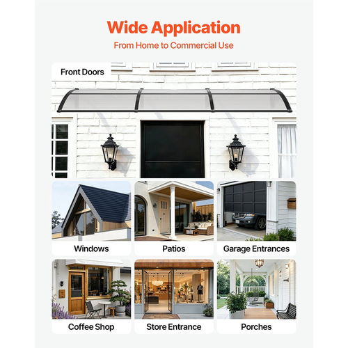 Τέντες VEVOR για Πόρτα Είσοδο, 38 x 117 ίντσες, Τέντες Εξωτερικού Παραθύρου με Αποχέτευση & Βάση ABS, Προστασία από Βροχή, Χιόνι, Αντηλιακή Προστασία, Προεξέχον Πολυανθρακικό Στέγαστρο Πόρτας για Βεράντα, Διαφανές