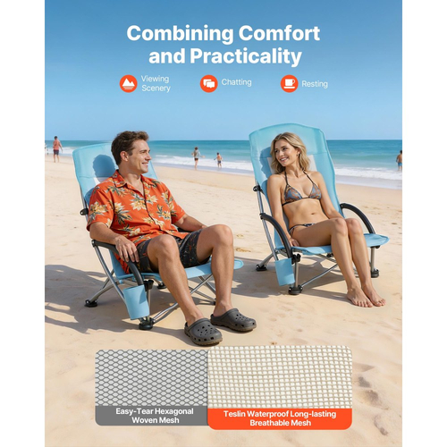 Πτυσσόμενη καρέκλα παραλίας VEVOR, καρέκλες κάμπινγκ με ψηλή πλάτη για ενήλικες, με θήκη για κύπελλο, δικτυωτή πλάτη, τσάντα μεταφοράς, φορητή καρέκλα με εξαιρετικά φαρδύ κάθισμα 150 kg, βαριάς χρήσης, για εξωτερικούς χώρους, κατασκήνωση, ανοιχτό μπλε, 2 τεμάχια
