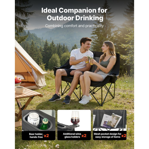 Διπλή καρέκλα κάμπινγκ VEVOR, μεγάλη καρέκλα κάμπινγκ δύο ατόμων με στήριξη βαρέως τύπου 300 kg, με διπλές θήκες για ποτήρια, θήκες για ποτήρια κρασιού, ιμάντες περιοδικών, τσάντες μεταφοράς για εξωτερικούς χώρους, παραλία, 1 πακέτο