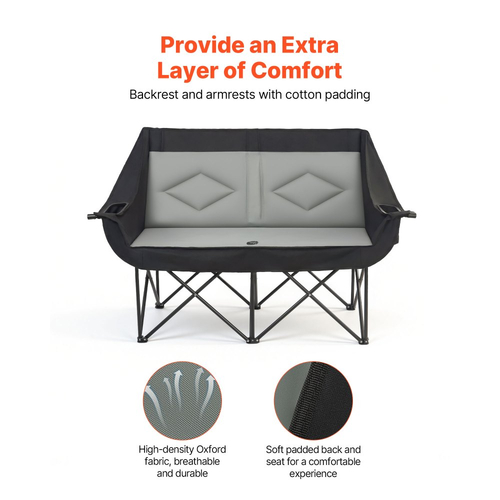 Διπλή καρέκλα κάμπινγκ VEVOR, μεγάλη καρέκλα κάμπινγκ δύο ατόμων με στήριξη βαρέως τύπου 300 kg, με διπλές θήκες για ποτήρια, θήκες για ποτήρια κρασιού, ιμάντες περιοδικών, τσάντες μεταφοράς για εξωτερικούς χώρους, παραλία, 1 πακέτο