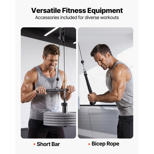 Σύστημα τροχαλιών VEVOR, 1 τεμάχιο LAT και σύστημα τροχαλιών ανύψωσης, εξάρτημα τροχαλιών γυμναστικής με δύο ατσάλινα καλώδια, κοντή μπάρα, διπλές λαβές λαβής, μηχάνημα καλωδίου για δικέφαλους, ώμους, πλάτη, χωρητικότητα έως 127 kg