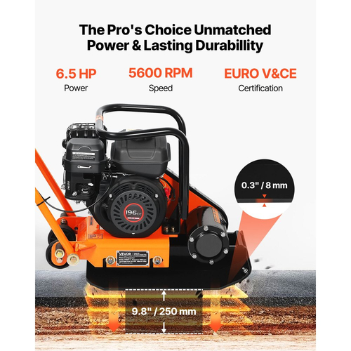 Συμπιεστής πλάκας VEVOR, κινητήρας βενζίνης 196CC 6,5 HP, δονούμενος κριός εδάφους 5600 VPM, δύναμη συμπύκνωσης 10,5 kN, πλάκα 51 x 37 cm, συμπιεστής με πεζοδρόμιο για διαμόρφωση τοπίου με οδοστρώματα, άσφαλτος, θεμέλια, έδαφος