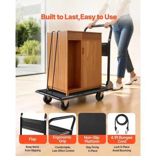 Πτυσσόμενο καρότσι μεταφοράς VEVOR, 317,51 kg, Βαρέως τύπου καρότσι με πλατφόρμα και ρόδες, από χάλυβα υψηλής αντοχής, 2 επιπέδων κινούμενο καρότσι με επίπεδη πλατφόρμα, για αποθήκη, γκαράζ, εργαστήριο, γραφείο, 730 x 470 x 820 mm