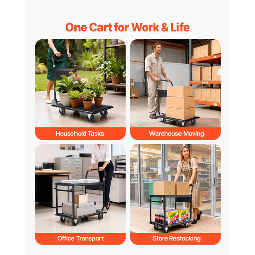 Πτυσσόμενο καρότσι μεταφοράς VEVOR, 317,51 kg, Βαρέως τύπου καρότσι με πλατφόρμα και ρόδες, από χάλυβα υψηλής αντοχής, 2 επιπέδων κινούμενο καρότσι με επίπεδη πλατφόρμα, για αποθήκη, γκαράζ, εργαστήριο, γραφείο, 730 x 470 x 820 mm