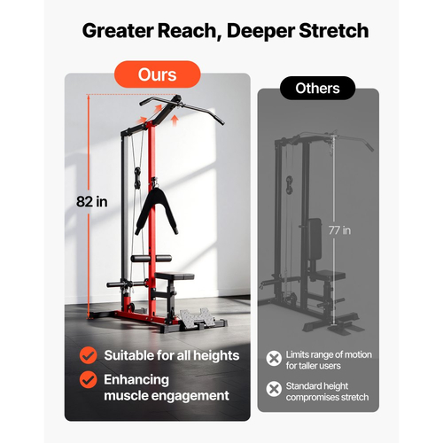 Μηχανή έλξης VEVOR LAT, μηχανή κωπηλατικής 3 σε 1, Μηχανήματα καλωδίωσης για οικιακή γυμναστική με ρυθμιζόμενο κάθισμα 3 επιπέδων, ρυθμιζόμενος κύλινδρος αφρού 4 επιπέδων, Φορτίο 181kg Lat Tower για πλάτη, στήθος, τρικέφαλο, μαύρο