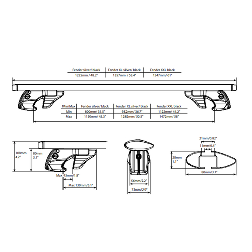 Menabo - Ολοκληρωμένες Μπάρες Οροφής Αλουμινίου Fender 118 cm Silver με Κλειδί για Standard / Raised Rails για Ασφαλή Μεταφορά Φορτίου - 2 Τεμ. (16130/MB)