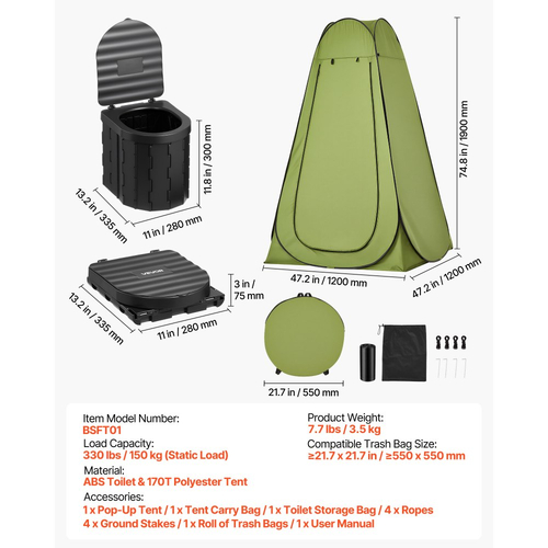 Φορητό κιτ τουαλέτας VEVOR, χωρητικότητα 150 kg, πτυσσόμενη τουαλέτα κάμπινγκ με αναδυόμενη σκηνή απορρήτου, γιογιό ταξιδιού εξωτερικού χώρου για ενήλικες με τσάντες μεταφοράς, σακούλες απορριμμάτων, κατάλληλο για ταξίδια με τροχόσπιτο, κάμπινγκ, πεζοπορία