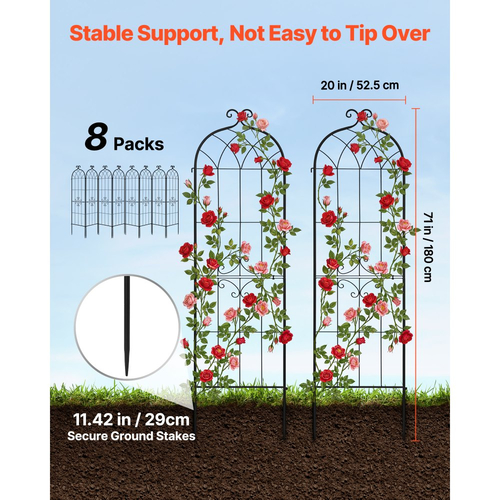 Πλέγμα Κήπου VEVOR, Πλέγμα Τριανταφυλλιάς 180 x 52,5 cm, Συσκευασία 8 τεμαχίων με Πλέγματα Τριανταφυλλιάς για Λουλούδια Κήπου με Φινίρισμα Ηλεκτροστατικής Βαφής & Βολικό Σχεδιασμό Κλειδώματος, Πλέγματα Στήριξης Φυτών για Λουλούδια, Λαχανικά, Τριαντάφυλλα