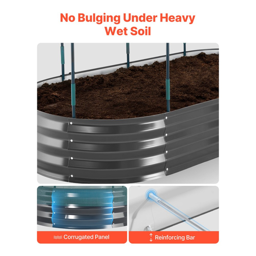 Γαλβανισμένο υπερυψωμένο παρτέρι VEVOR, 1800 x 900 x 300 mm, με σύστημα αυτοποτισμού και κάλυμμα πλέγματος, οβάλ μεταλλικό κουτί γλάστρας εξωτερικού χώρου, ανθεκτικό στη σκουριά Alu-Zinc, για φύτευση λουλουδιών φρούτων και λαχανικών, σκούρο γκρι