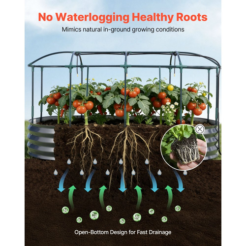 Γαλβανισμένο υπερυψωμένο παρτέρι VEVOR, 1800 x 900 x 300 mm, με σύστημα αυτοποτισμού και κάλυμμα πλέγματος, οβάλ μεταλλικό κουτί γλάστρας εξωτερικού χώρου, ανθεκτικό στη σκουριά Alu-Zinc, για φύτευση λουλουδιών φρούτων και λαχανικών, σκούρο γκρι