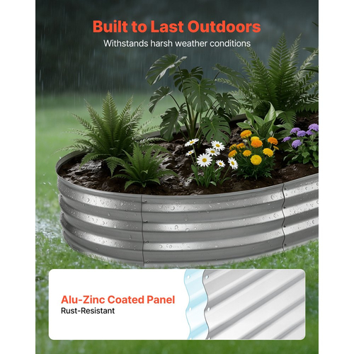 Γαλβανισμένο υπερυψωμένο παρτέρι VEVOR, 240 x 120 x 30 cm, Κιτ οβάλ μεταλλικής γλάστρας εξωτερικού χώρου, Υπερυψωμένο κουτί κήπου χωρίς πάτο με γάντια, ανθεκτικό στη σκουριά Alu-Zinc, για φύτευση λουλουδιών και φρούτων, ασημί