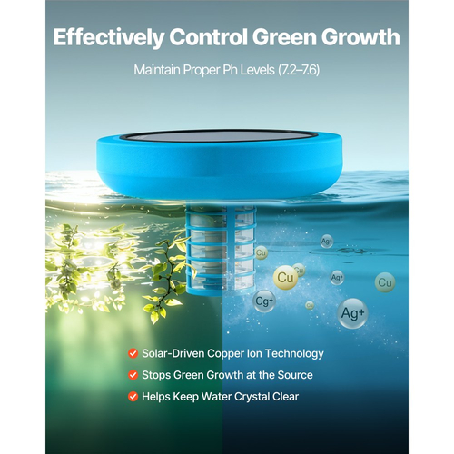 Ιονιστής πισίνας VEVOR Solar, Στρογγυλός ιονιστής πισίνας από χαλκό έως 132489 L, Πλωτό αυτόματο καθαριστικό νερού, νερό χωρίς χλώριο, με χάλκινη άνοδο, ελατήριο, βούρτσα και φίλτρο για πισίνες και σπα