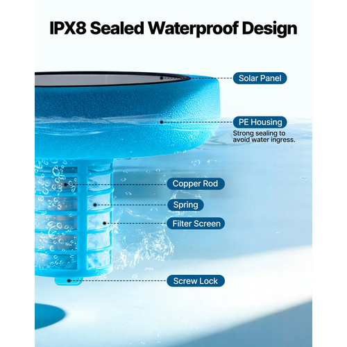 Ιονιστής πισίνας VEVOR Solar, Στρογγυλός ιονιστής πισίνας από χαλκό έως 132489 L, Πλωτό αυτόματο καθαριστικό νερού, νερό χωρίς χλώριο, με χάλκινη άνοδο, ελατήριο, βούρτσα και φίλτρο για πισίνες και σπα