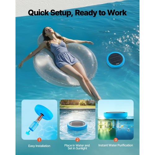 Ιονιστής πισίνας VEVOR Solar, Στρογγυλός ιονιστής πισίνας από χαλκό έως 132489 L, Πλωτό αυτόματο καθαριστικό νερού, νερό χωρίς χλώριο, με χάλκινη άνοδο, ελατήριο, βούρτσα και φίλτρο για πισίνες και σπα