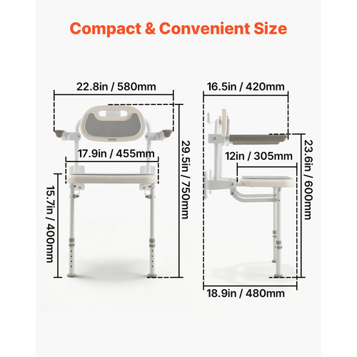 Πτυσσόμενη καρέκλα ντους VEVOR, επιτοίχια, πτυσσόμενη καρέκλα ντους 457 mm με πλάτη, μπράτσα και ρυθμιζόμενα πόδια, πτυσσόμενη καρέκλα μπάνιου HDPE με πλαίσιο από ανοξείδωτο ατσάλι για ενήλικες και ηλικιωμένους, φόρτωση 150 kg