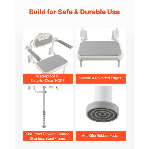 Πτυσσόμενη καρέκλα ντους VEVOR, επιτοίχια, πτυσσόμενη καρέκλα ντους 457 mm με πλάτη, μπράτσα και ρυθμιζόμενα πόδια, πτυσσόμενη καρέκλα μπάνιου HDPE με πλαίσιο από ανοξείδωτο ατσάλι για ενήλικες και ηλικιωμένους, φόρτωση 150 kg