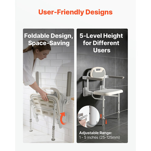 Πτυσσόμενη καρέκλα ντους VEVOR, επιτοίχια, πτυσσόμενη καρέκλα ντους 457 mm με πλάτη, μπράτσα και ρυθμιζόμενα πόδια, πτυσσόμενη καρέκλα μπάνιου HDPE με πλαίσιο από ανοξείδωτο ατσάλι για ενήλικες και ηλικιωμένους, φόρτωση 150 kg