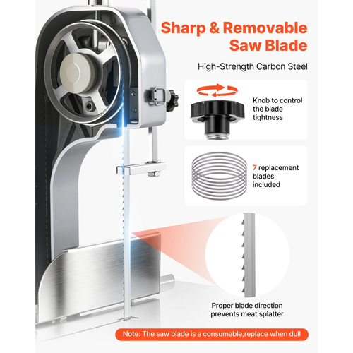 Ηλεκτρική πριονοκορδέλα κρέατος VEVOR Commercial, μηχανή κοπής οστών 1500W με πάγκο εργασίας 315 x 460 mm, πάχος κοπής 0-110 mm, 7 επιπλέον ανταλλακτικές λεπίδες, για κοπή οστών, κατεψυγμένου κρέατος, χοιρινού, βοδινού και πλευρών