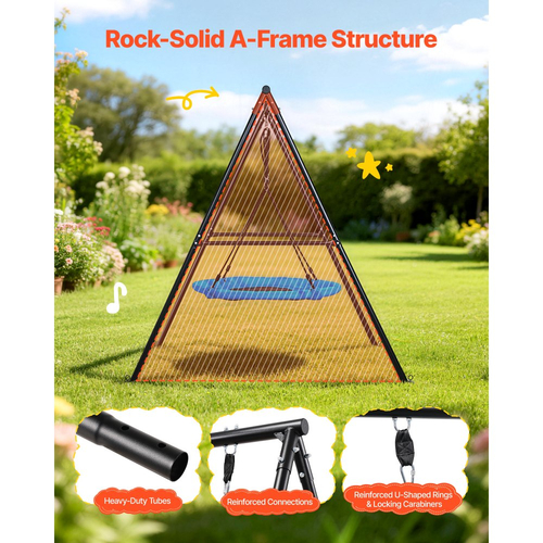 Σετ κούνιας VEVOR για αυλή, κάθισμα κούνιας με πιατάκι 100 cm με μεταλλική βάση σε σχήμα Α βαρέως τύπου, χωρητικότητα φορτίου 199,6 kg, ενισχυμένο με σπειροειδείς άγκυρες εδάφους, κούνια εξωτερικού χώρου για παιδιά, μαύρο και μπλε