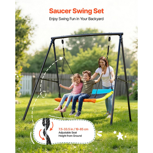 Σετ κούνιας VEVOR για αυλή, κάθισμα κούνιας 150 x 81 cm με βαριά μεταλλική βάση σε σχήμα Α, χωρητικότητα φορτίου 199,6 kg, ενισχυμένο με σπειροειδείς άγκυρες εδάφους, κούνια εξωτερικού χώρου για παιδιά, μαύρο και πολύχρωμο