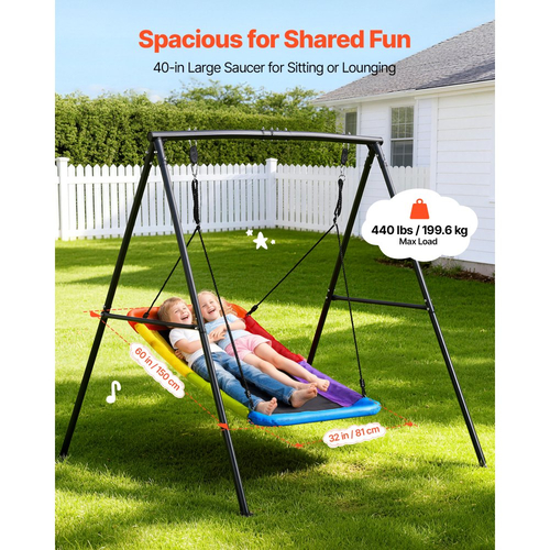 Σετ κούνιας VEVOR για αυλή, κάθισμα κούνιας 150 x 81 cm με βαριά μεταλλική βάση σε σχήμα Α, χωρητικότητα φορτίου 199,6 kg, ενισχυμένο με σπειροειδείς άγκυρες εδάφους, κούνια εξωτερικού χώρου για παιδιά, μαύρο και πολύχρωμο