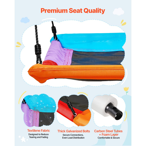 Σετ κούνιας VEVOR για αυλή, κάθισμα κούνιας 150 x 81 cm με βαριά μεταλλική βάση σε σχήμα Α, χωρητικότητα φορτίου 199,6 kg, ενισχυμένο με σπειροειδείς άγκυρες εδάφους, κούνια εξωτερικού χώρου για παιδιά, μαύρο και πολύχρωμο