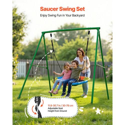 Σετ κούνιας VEVOR για αυλή, κάθισμα κούνιας με πιατάκι 100 cm με μεταλλική βάση σε σχήμα Α βαρέως τύπου, χωρητικότητα φορτίου 199,6 kg, ενισχυμένο με σπειροειδείς άγκυρες εδάφους, κούνια εξωτερικού χώρου για παιδιά, πράσινο και πολύχρωμο