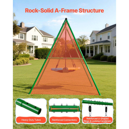 Σετ κούνιας VEVOR για αυλή, κάθισμα κούνιας με πιατάκι 80 cm και κάθισμα με ζώνη, με μεταλλική βάση βαρέως τύπου σε σχήμα Α, χωρητικότητα φορτίου 199,6 kg, ενισχυμένο με σπειροειδείς άγκυρες εδάφους, κούνια εξωτερικού χώρου για παιδιά