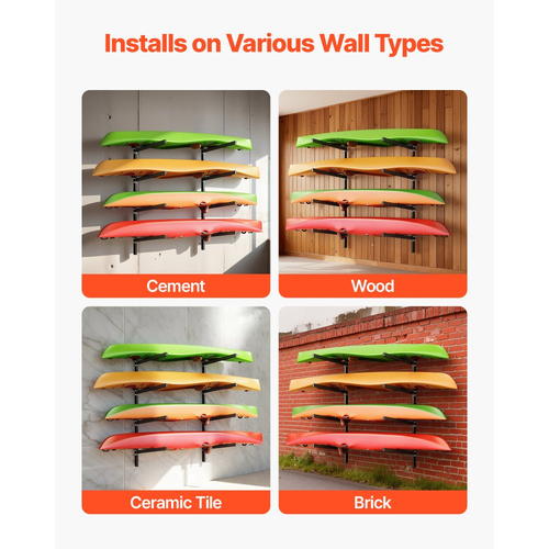 Βάση αποθήκευσης καγιάκ VEVOR για 4 καγιάκ, Χωρητικότητα 136 κιλών, Βάση τοίχου βαρέως τύπου με ρυθμιζόμενη βάση για εσωτερική και εξωτερική αποβάθρα γκαράζ, Βάση αποθήκευσης για κανό, μικρό σκάφος, SUP, σανίδα του σερφ και σανίδα paddleboard