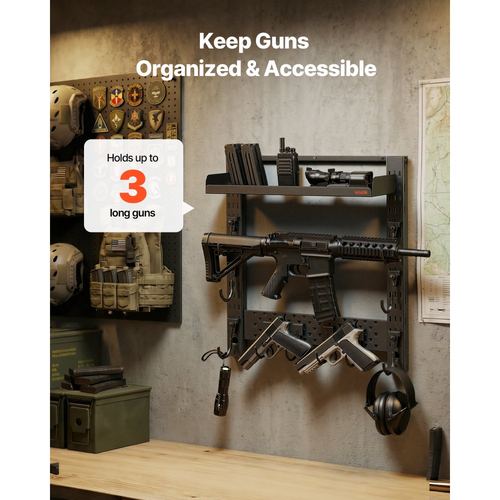 Βάση όπλων VEVOR για τοποθέτηση σε τοίχο, από βαρέως τύπου ατσάλι, εσωτερική βάση για κυνηγετικά όπλα με J-Hooks, επιπλέον δίσκος αποθήκευσης, θήκη αποθήκευσης αξεσουάρ όπλων, χωράει έως και 3 τουφέκια ή κυνηγετικά όπλα, για τακτικό εξοπλισμό