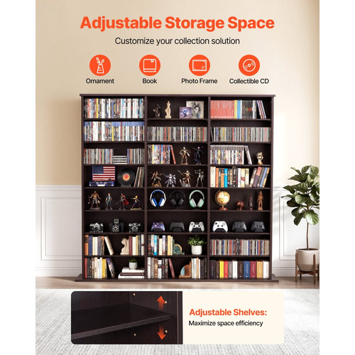 Ντουλάπι αποθήκευσης πολυμέσων VEVOR, 8-επιπέδων DVD ραφιών, 142 x 22 x 130 cm πολυμεσικής αποθήκευσης για CD, DVD, βιβλία & παιχνίδια, Ράφι CD για σαλόνι, γραφείο στο σπίτι, δωμάτιο ηχογράφησης, καφέ